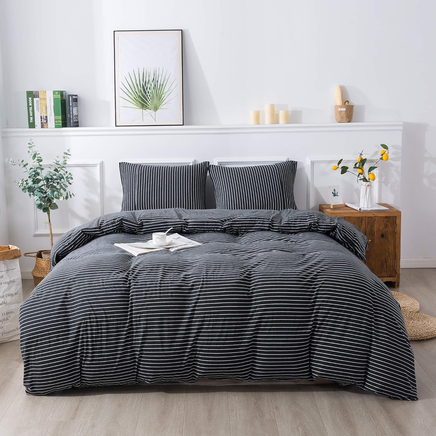 Amazon Com Andency Jersey Knit Duvet Cover Queen 90x90 Inch 3 Pieces 1 Black White Striped Duvet Cover 2 Pillowcases Fluffy Soft Natural Cotton Duvet Cover Set With Zipper Closure Corner Ties Kitchen