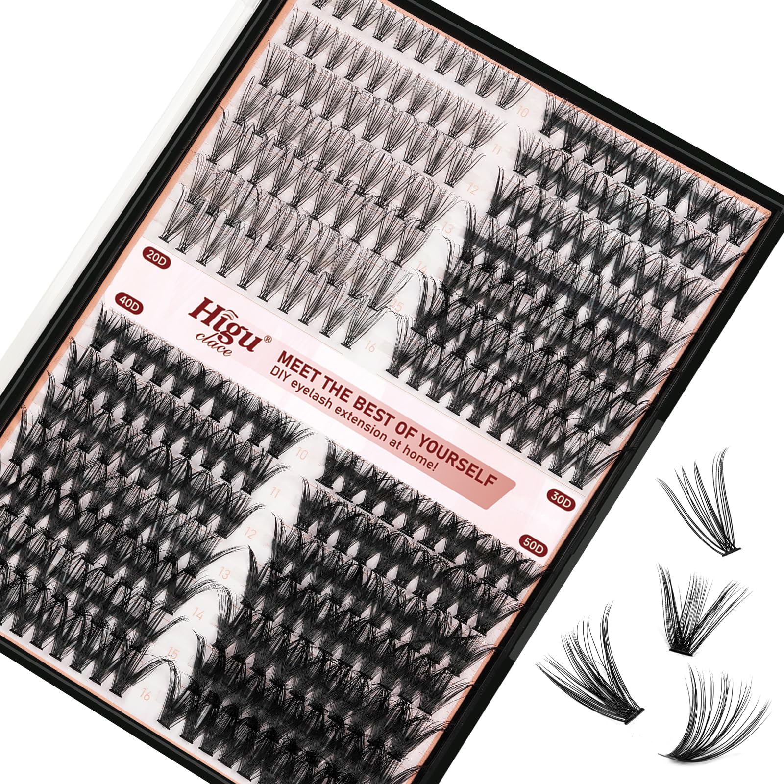 Higu clace Individual Lashes, 280pcs Lash Clusters Extensions D Curl Mix10-16mm 20D 30D 40D 50D Cluster Eyelashes Reusable Soft Wispy DIY Natural Lash Extension at Home - D Curl Mix10-16mm