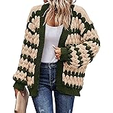 KIRUNDO Womens Cardigan Chunky Fall Fashion Lantern Sleeve Open Front Striped Color Block Cable Knit Winter Sweater Coats