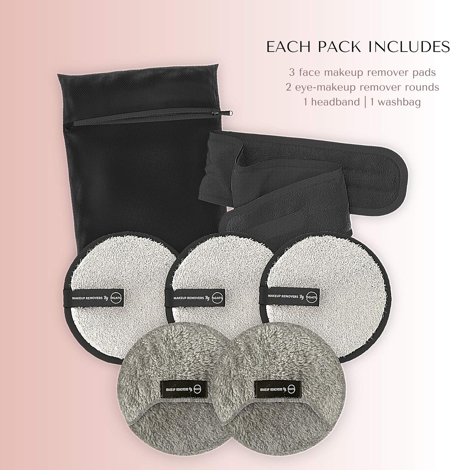 Reusable Makeup Remover Pads & Cloths For Face & Eyes By Ogato - Just Use Water - Washable - EXTRA Large Double-sided Set - Eco-friendly, Suits All Skin Types, FREE Laundry Bag & Makeup Headband : Beauty