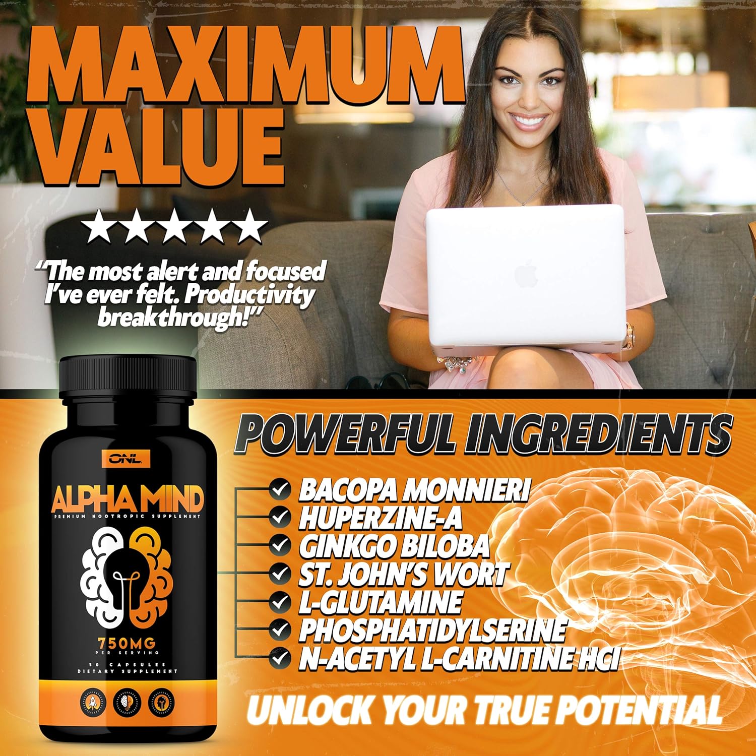 Alpha Mind Premium Nootropic Brain Booster Supplement - Enhance Focus, Boost Concentration, Improve Memory & Reduce Anxiety - Mental Enhancement Pills for Neuro Energy & IQ - 1 Month Supply: Health & Personal Care