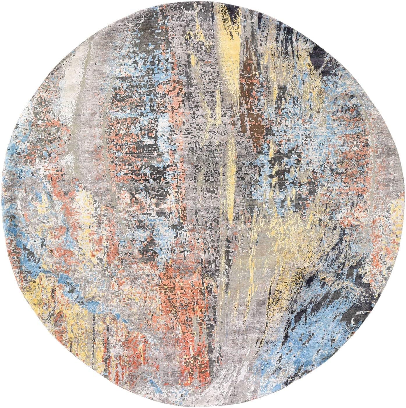 Shahbanu Rugs Round Wool and Silk Hi-Low Pile Abstract Design Hand Knotted Rug (10'1" x 10'1")
