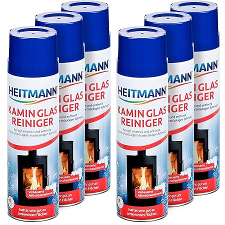 Heitmann Kamin Glas-Reiniger: Aktivschaum für hartnäckigen Schmutz, Kaminreiniger, Entrußer, Ofenreiniger 6×500 ml Dose