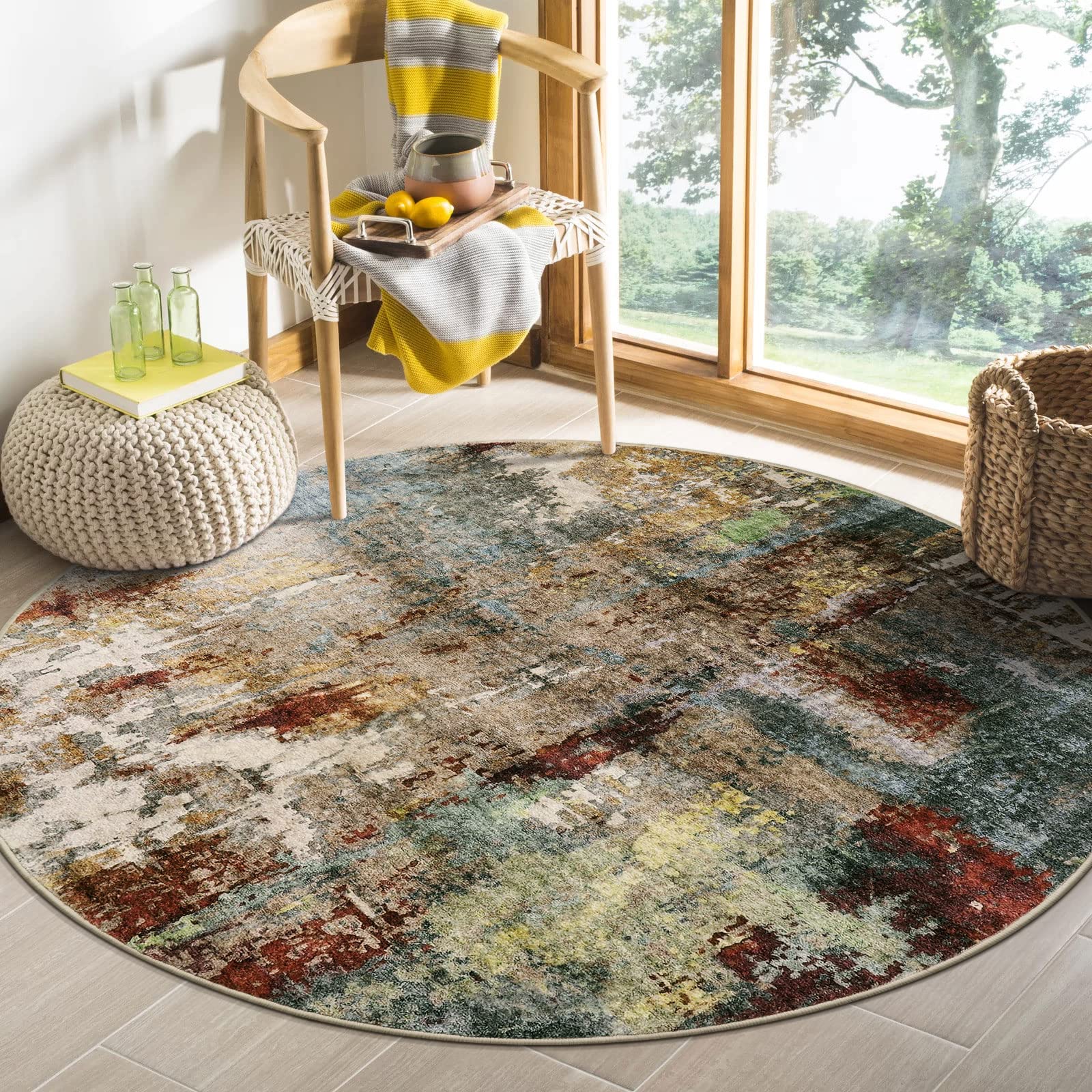 Photo 1 of ***USED***   Lahome Modern Abstract Round Rug 4Ft - Washable 4x4 Circle Rugs for Living Room Bedroom Bathroom Non Slip, Soft Indoor Floor Carpet for Kitchen Entryway Family Room, Red/Multi
