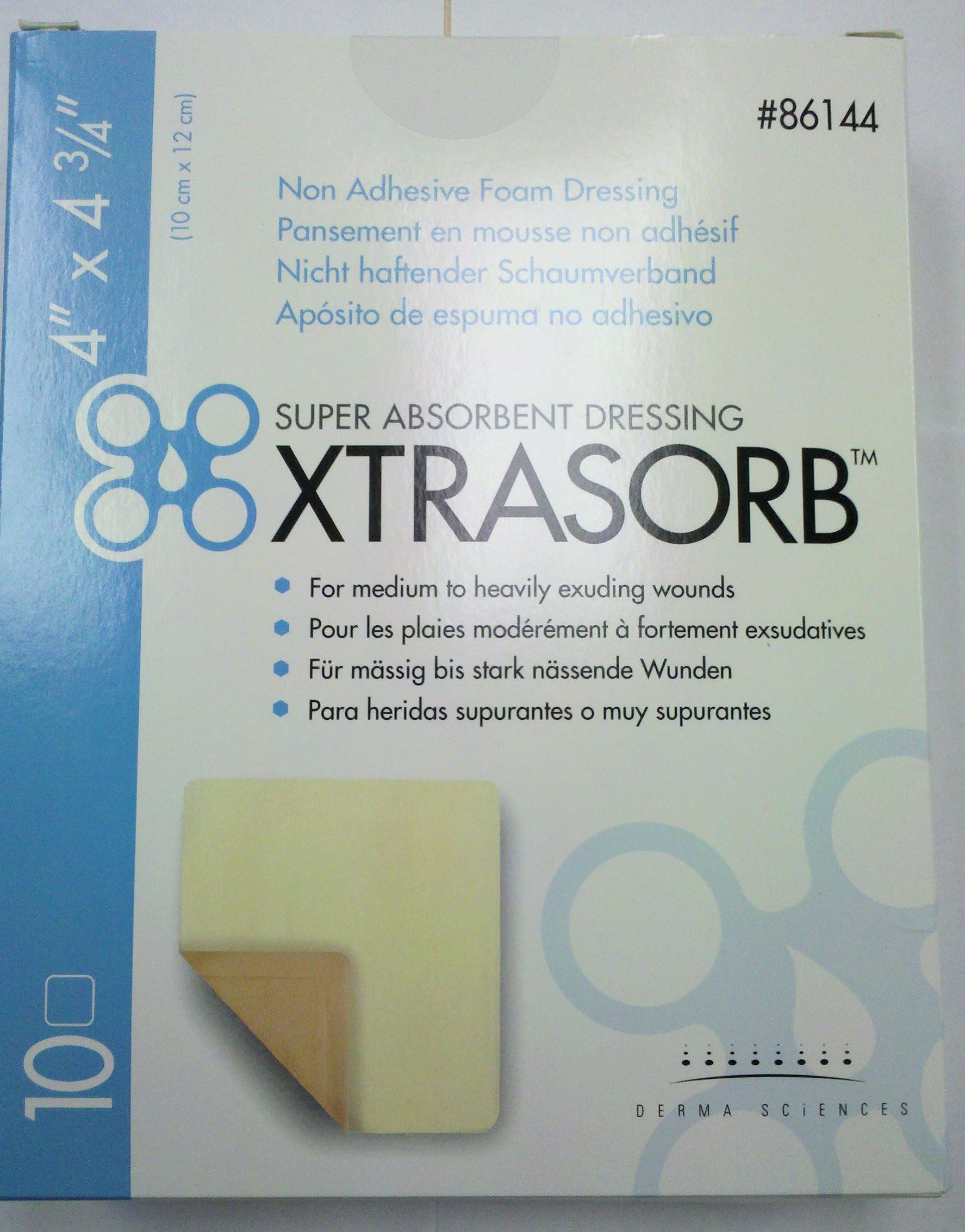 XTRASORB Super Absorbent Foam Wound Dressings 4"x 4 3/4" Non-Adhesive #86144 Derma Sciences