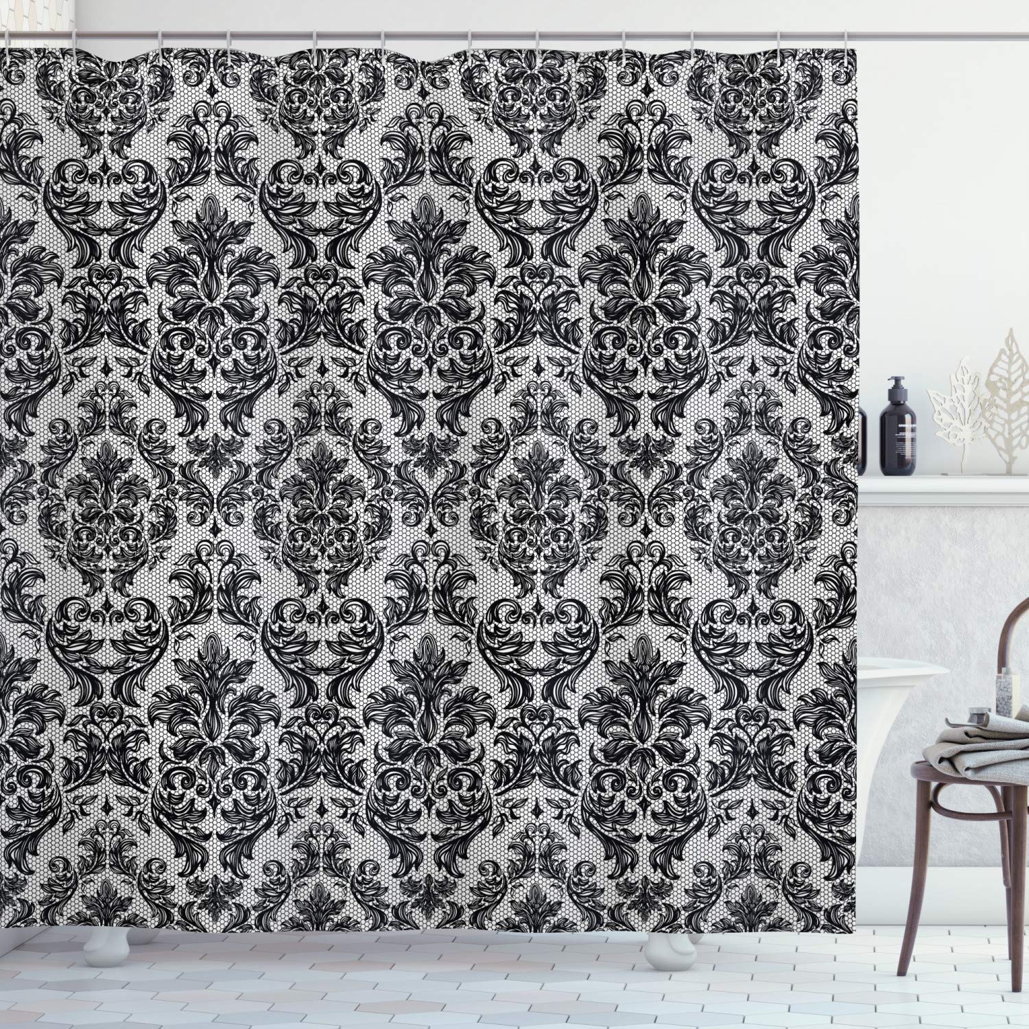 ABAKUHAUS Baroque Shower Curtain, Vintage Lace Style Pattern of Antique Victorian Motifs Renaissance Influences, Cloth Fabric Bathroom Decor Set with Hooks, 70 Inches, Black and White