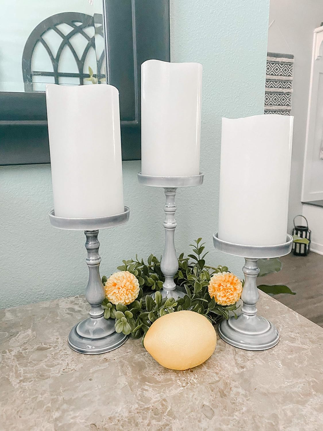 Pillar Candle Holder Set of 3 - Rustic Farmhouse Candleholders in 5, 6.5 and 8 Inch Tall, Grey Ceramic Finish, for Coffee Table Decor, Wedding Centerpieces, and Mother's Day/Summer Decoration: Kitchen & Dining