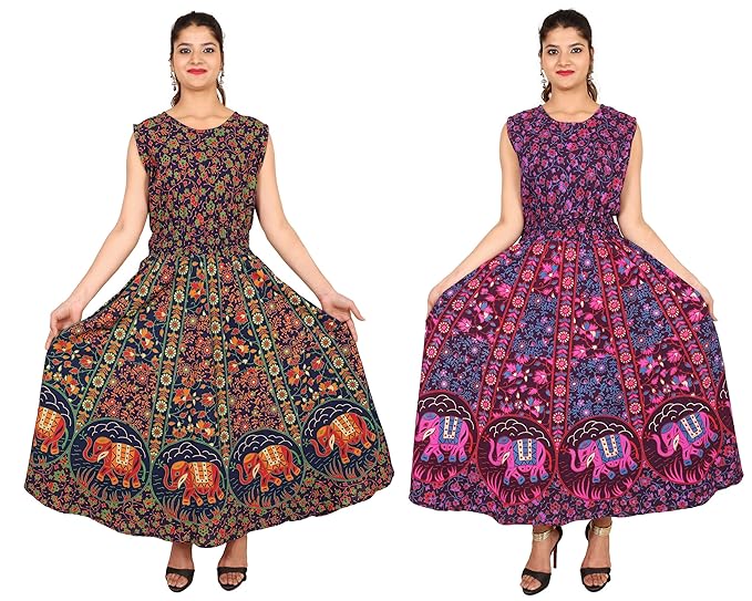 Combo Pack Printed Jaipuri Cotton Long Maxi Euro Dress Flared Long Kurti with Attached Sleeves (Free Size, Size-S-XXL)