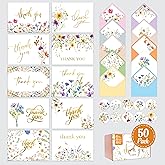Decorably 50 Pack Gold Foiled 6x4in Wildflower Thank You Cards Wedding with Envelopes and Stickers, 10 Folded Watercolor Floral Designs for Loved Ones, Blank Inside - All Occasions, Gifting, Mailing