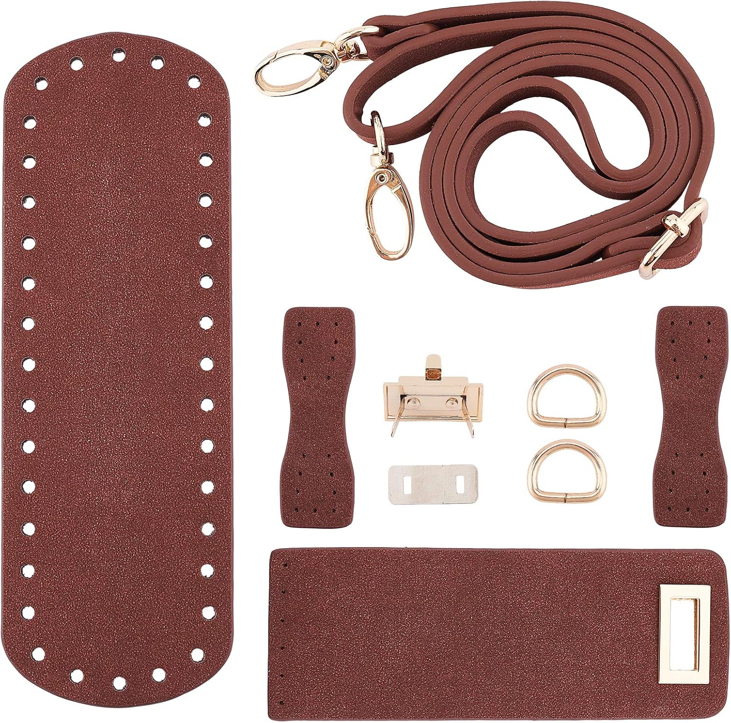 PandaHall DIY PU Leather Bag Knitting Set, Leather Bag Bottom/Shoulder Strap/Bag Twist Lock/Flap Cover/Bag Buckles, Brown（7 Kinds of Accessories）