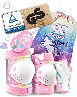 99FLIPS Inliner Schoner Kinder Set - TÜV Rheinland GS Zertifiziert [6er Set] mit Einhorn Beutel für Skateboard und Inline Skates - Knieschoner, Ellenbogen Schoner und Handschützer