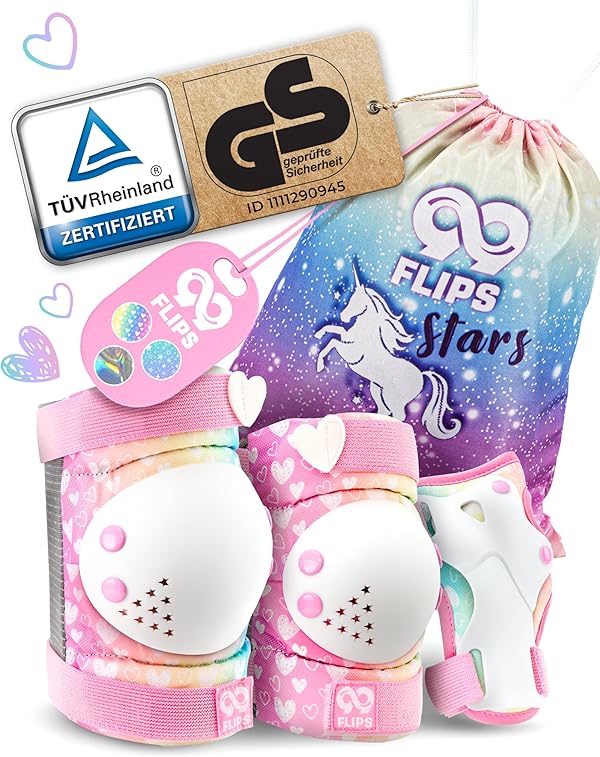 99FLIPS Inliner Schoner Kinder Set - TÜV Rheinland GS Zertifiziert [6er Set] mit Einhorn Beutel für Skateboard und Inline Skates - Knieschoner, Ellenbogen Schoner und Handschützer
