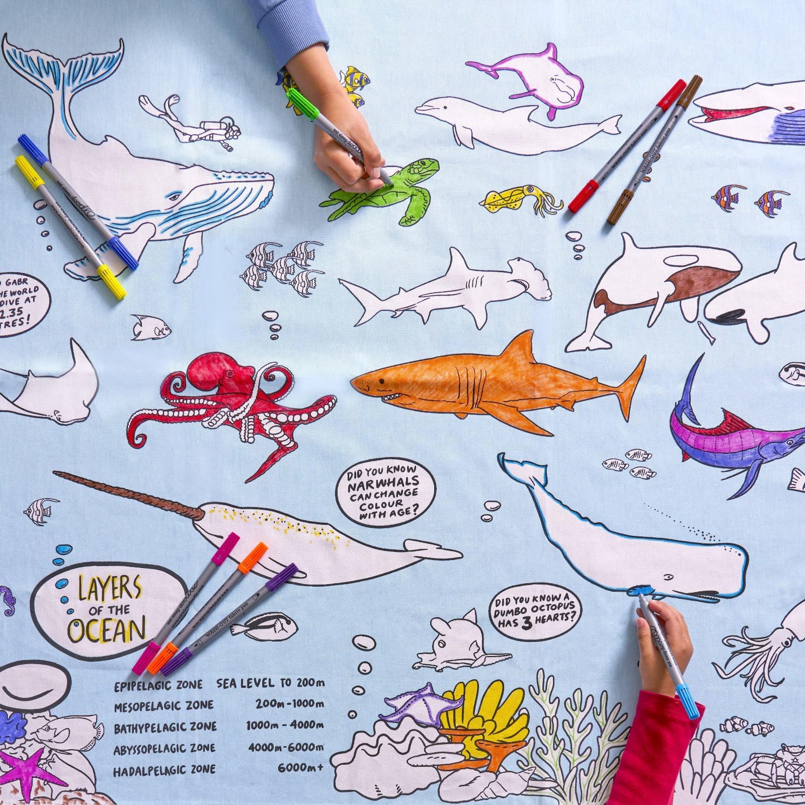 eatsleepdoodle Colouring Tablecloth For Kids w/ 10pk Washable Markers For Kids - 130x85cm Under the Sea Colouring Poster - Washable & Reusable