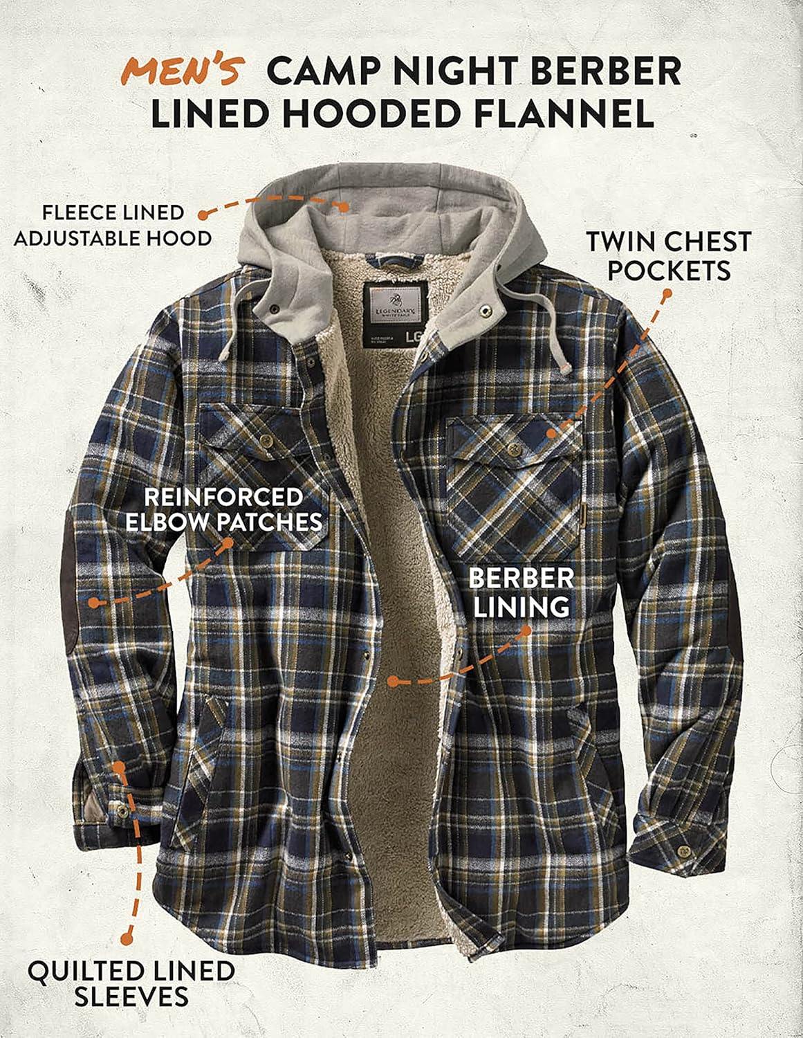 Legendary Whitetails Men's Camp Night Berber Lined Hooded Flannel Shirt Jacket: Clothing