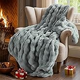 Faux Fur Throw Blanket, Thick Warm Bunny Blanket with Bubble Texture, Reversible Fluffy Blankets for Couch and Bed, Soft Cozy Furry Blanket for Home Décor, Grey