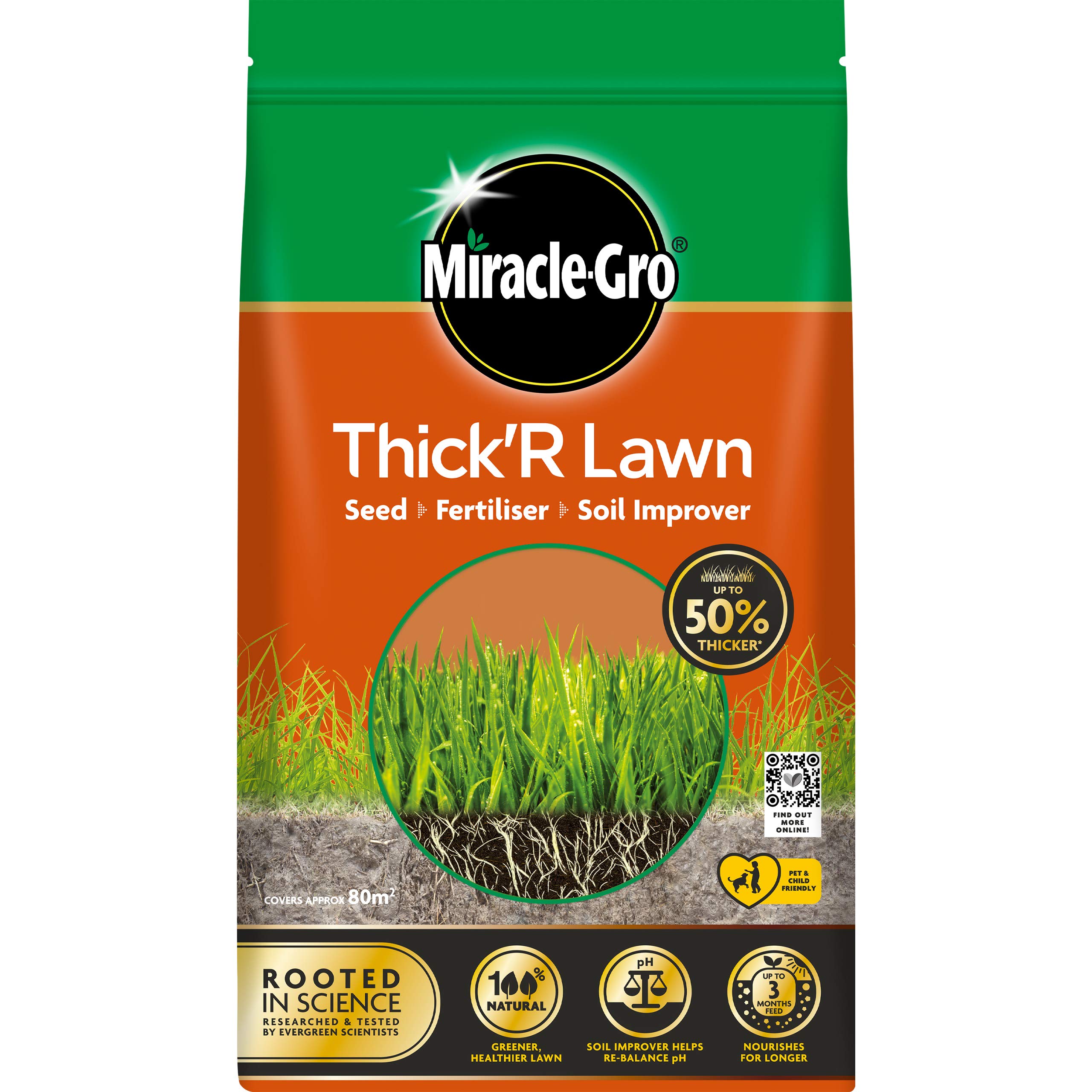 Miracle-Gro THICK'R Lawn Seed, Fertilliser & Soil Improver Fertiliser, Brown