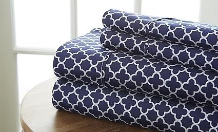 ienjoy Home 4 Piece Sheet Set Quatrefoil Patterned, King, Navy