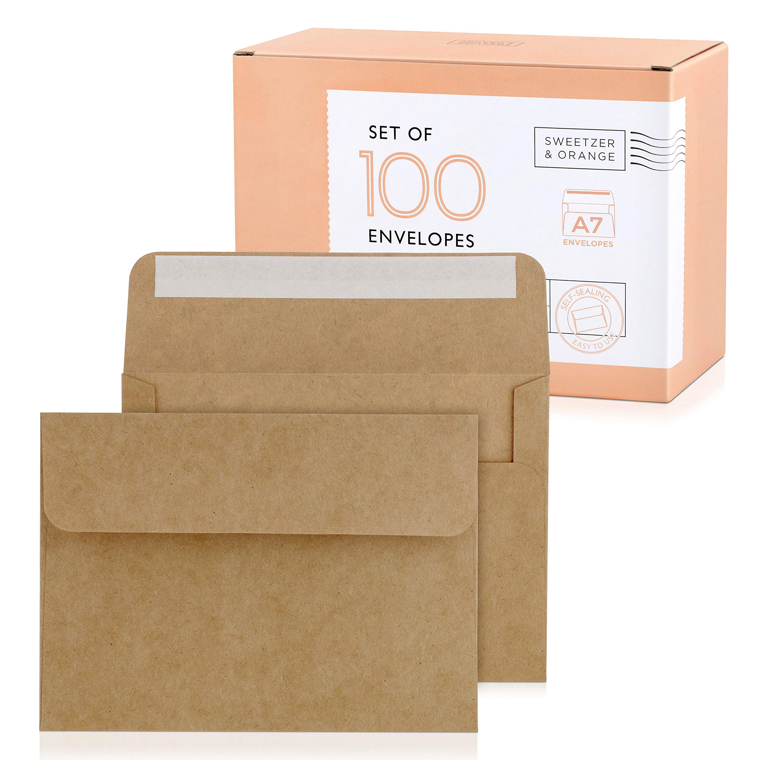 Sweetzer & Orange A7 Brown Self Seal Envelopes, 100 Pack, 5x7 Inches(True 5.25 x 7.25 in.), Kraft 150gsm, Blank Envelopes for Invitations, Wedding, and Mailing