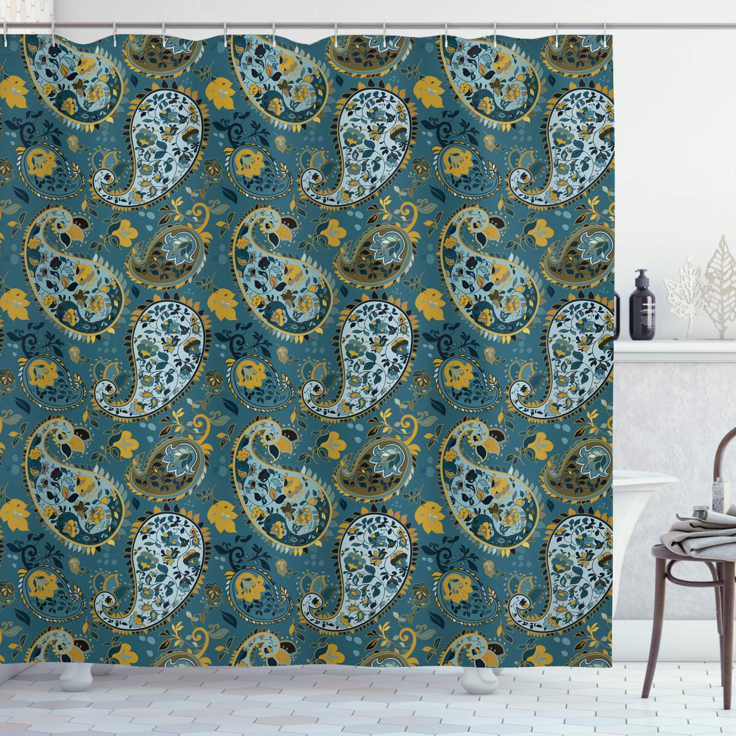 ABAKUHAUS Paisley Shower Curtain, Antique Curly Floral Motifs Old Fashioned Baroque Blossoms Oriental Cultural Design, Cloth Fabric Bathroom Decor Set with Hooks, 78" Inches, Teal Mustard