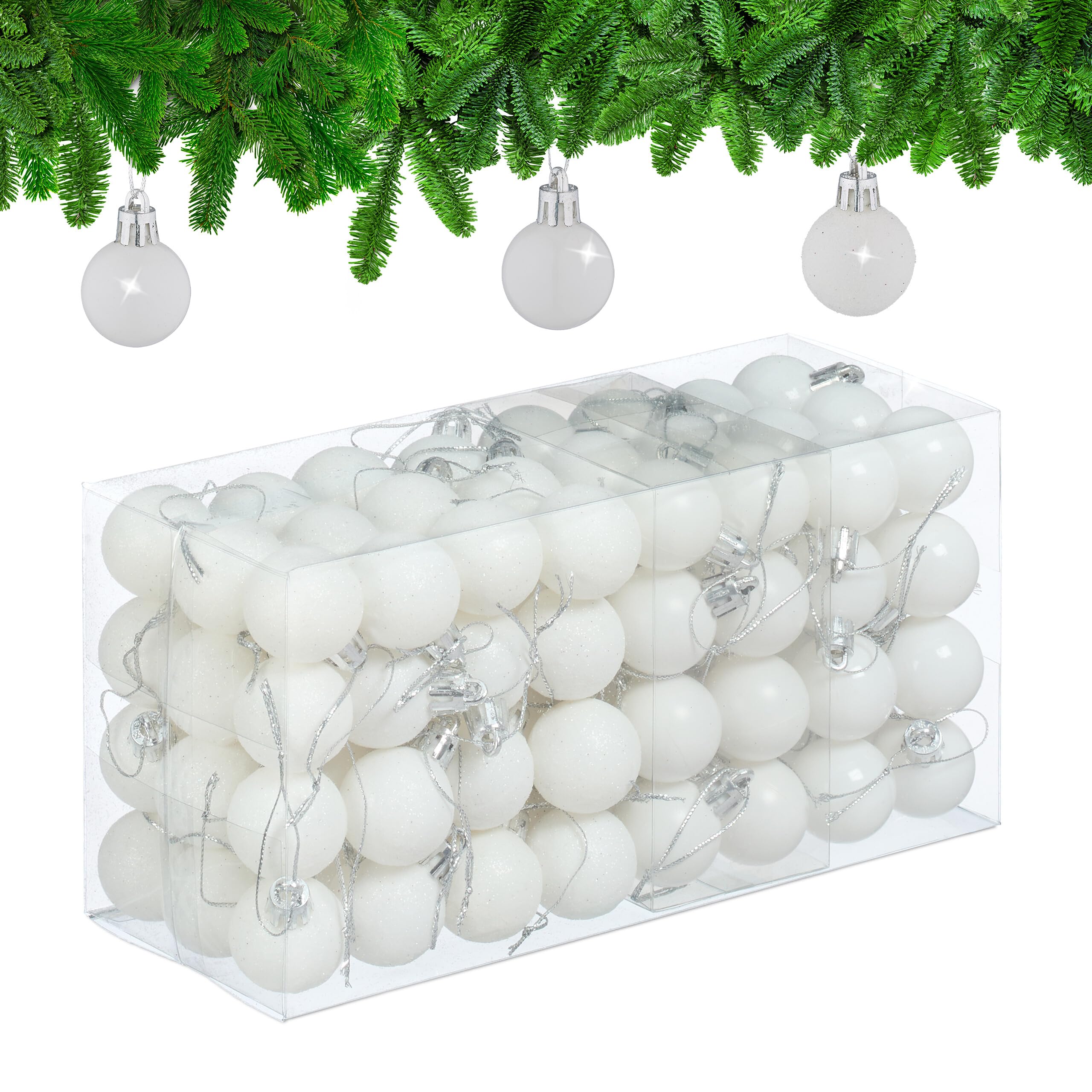 Relaxdays Christmas Baubles Set of 96, Glittering, Matt and Sparkles, Plastic, Traditional Spheres, Decorations, White