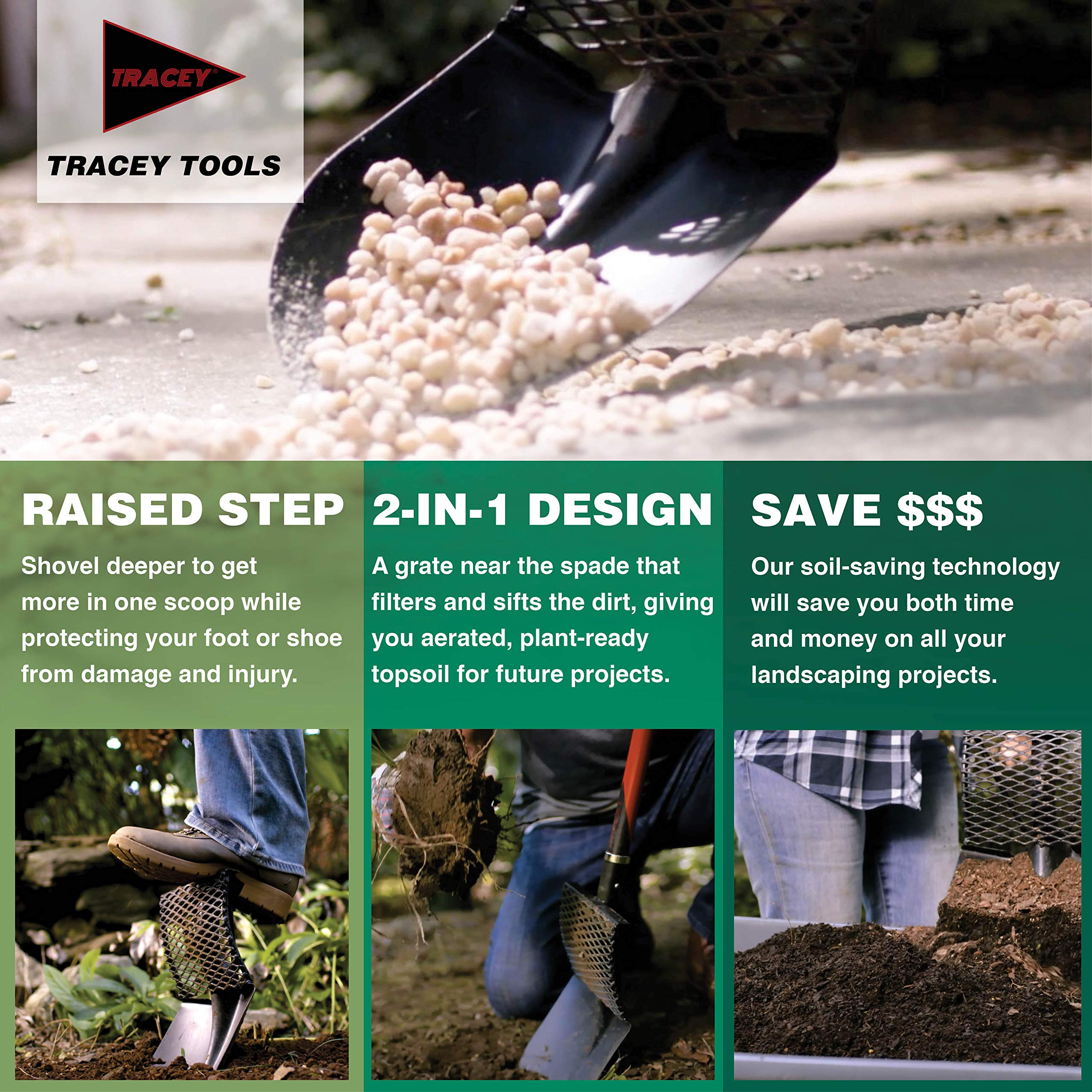 Tracey Garden Shovel with Long Fiberglass Handle for Digging, Transplanting and Gardening Round Point Spade Smart Shovel Design Tools