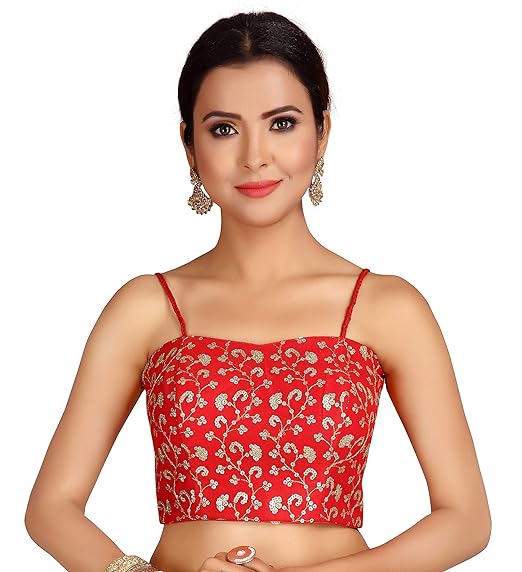 Women's Red Embroidered Stitched Halter Spagetti String Saree Blouse