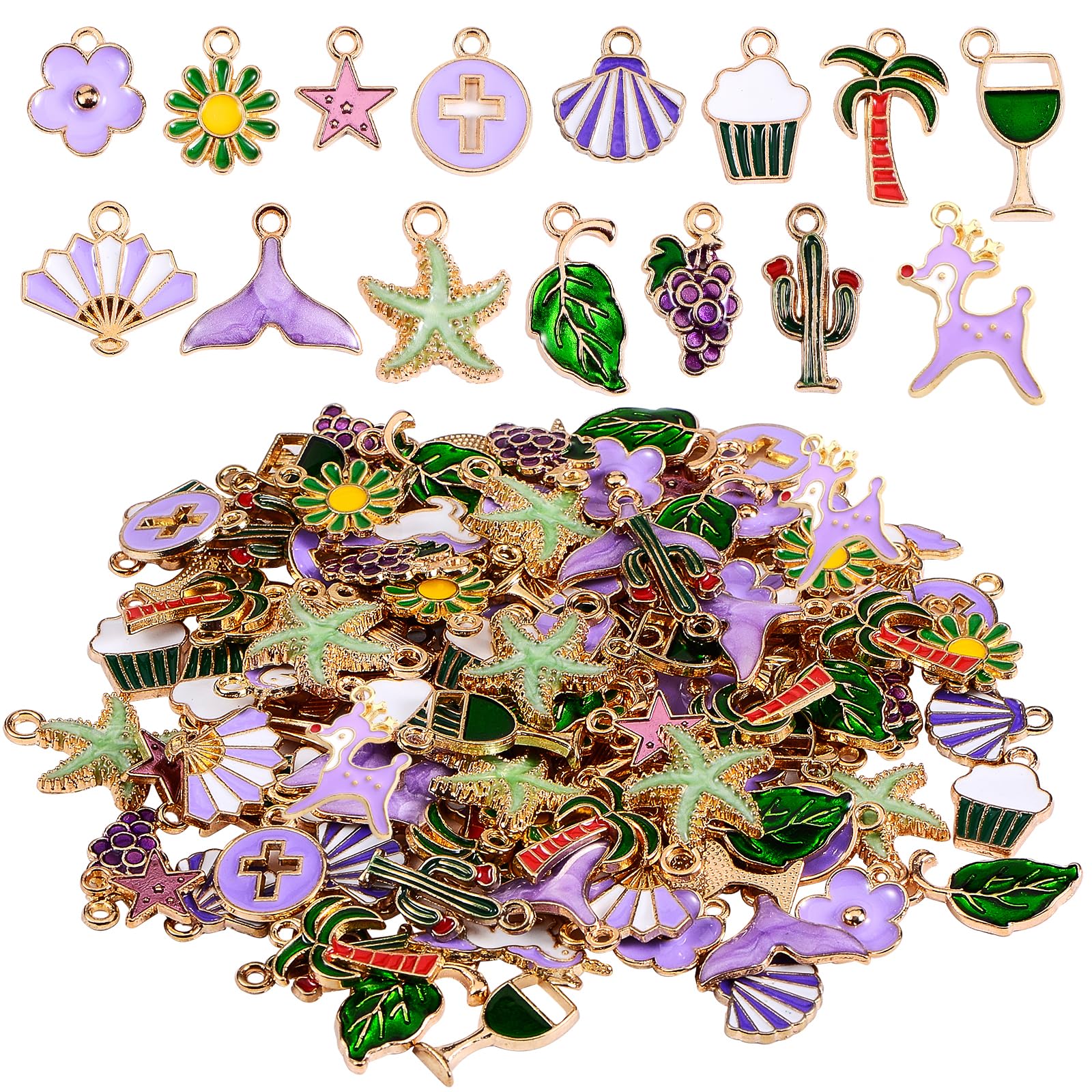 COGCHARGER 150 Pcs 15 Styles Assorted Alloy Enamel Charm Pendant Gold Plated Starfish Tree Shell Pendant for Jewelry Necklace Bracelet Earring DIY Making Crafts