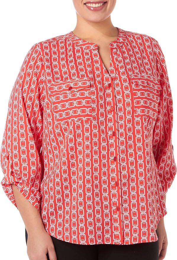 Notations Women's PlusSize 3/4 Sleeve Mandarin Collar Shirt, Coral