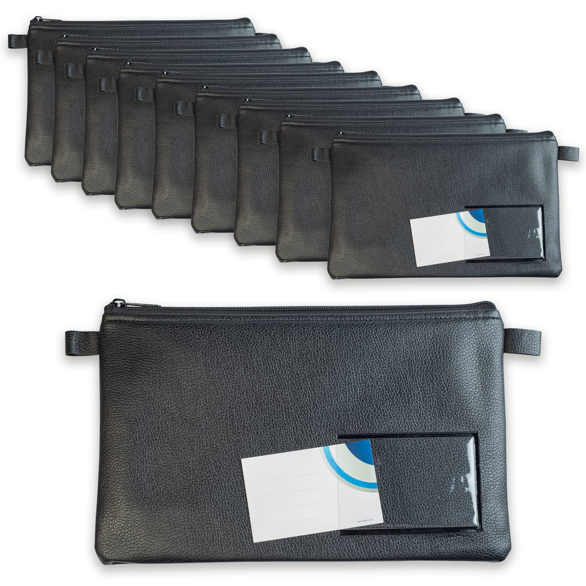 effektivo Bank Bags with Zip and Window for Labelling, Faux Leather, Black, Suitable for Documents up to A5, Pack of 10
