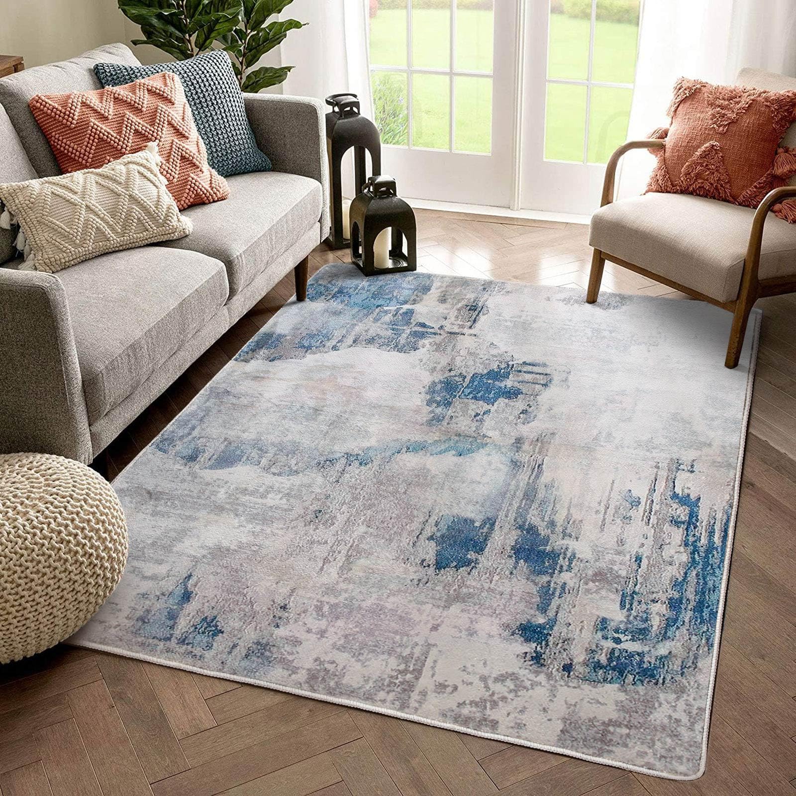 Fenisonavy Rugs Living Room Grey Area Rugs for Bedroom Modern Abstract Rug Large Short Pile Rugs Carpet Non-Slip Soft Living Room Rugs Room Decor (Lake Blue/Grey/Beige, 120 x 160 cm)