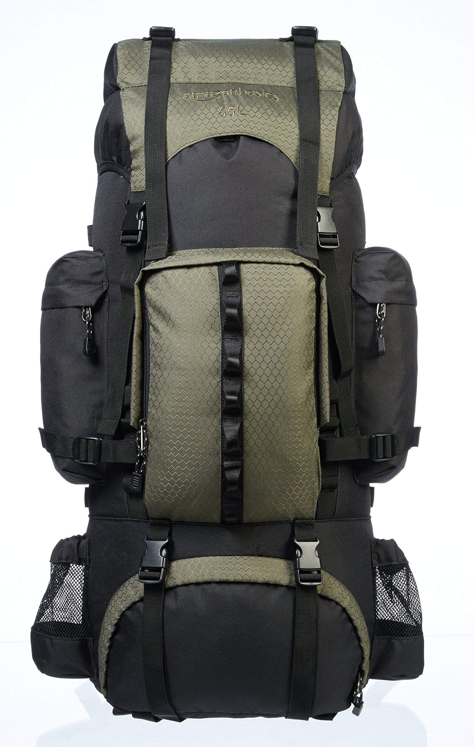 Amazon Basics Internal Frame Waterproof Hiking Backpack Rucksack with Rainfly, 65 L, Green