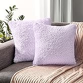 PAVILIA Fluffy Lavender Throw Pillow Covers, Decorative Accent Pillow Cases for Bed Sofa Couch, Soft Faux Fur Cushion Cover, Square Sherpa Pillowcases, Home Room Decor, Purple, 18x18 Set of 2