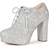 Perphy Lace up Chunky Heel Platform Glitter Ankle Booties for Women
