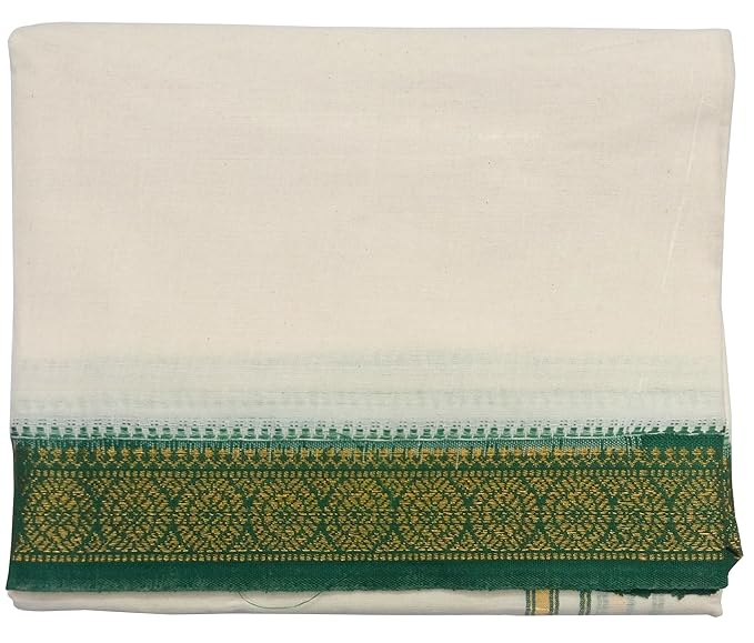 Men's Handloom Cotton 3.6 m Dhoti with Green Zari Border (White, Free Size)