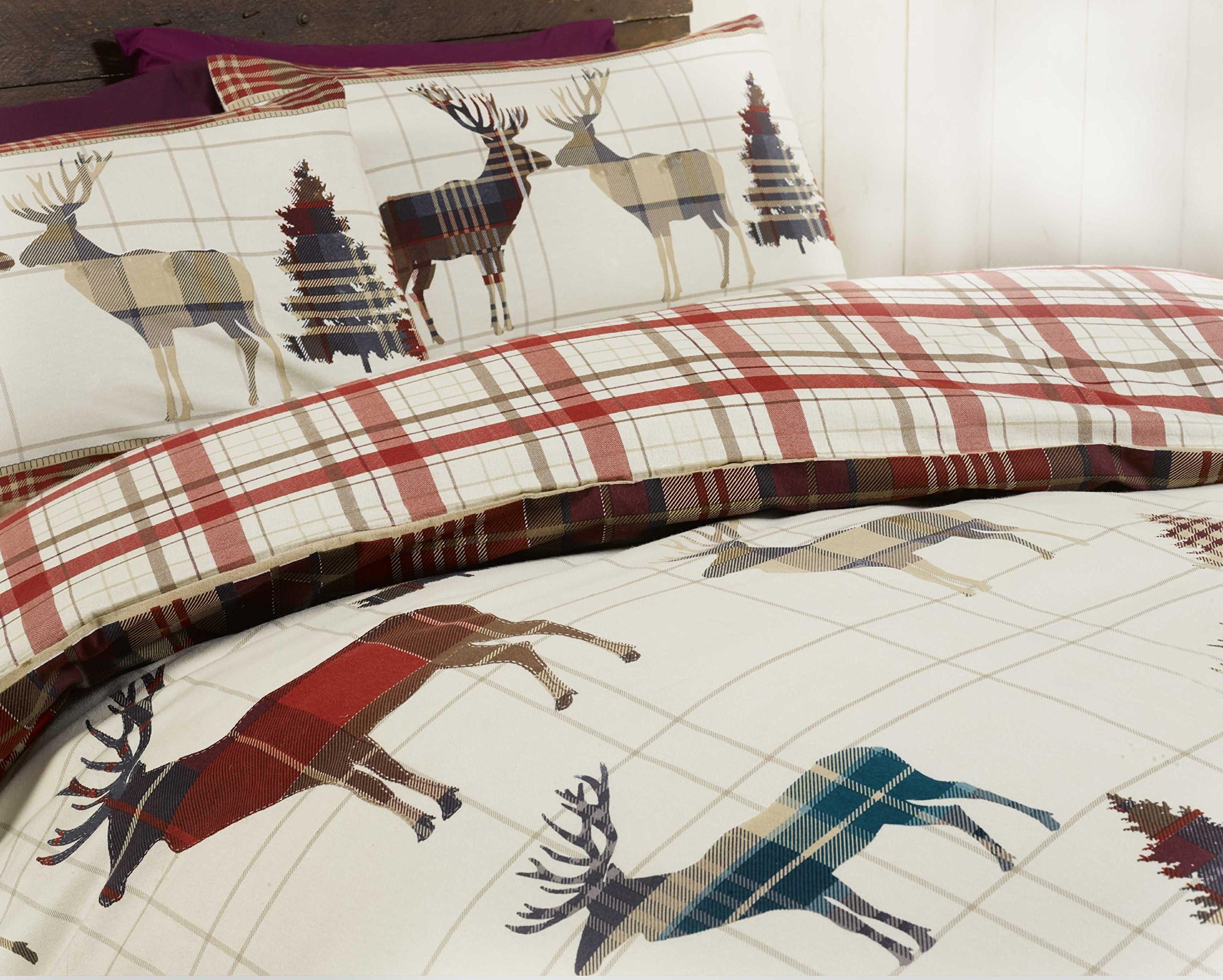 elinens Woodland Stag Duvet Cover Set Tartan Check Red Single 135cm x 200cm