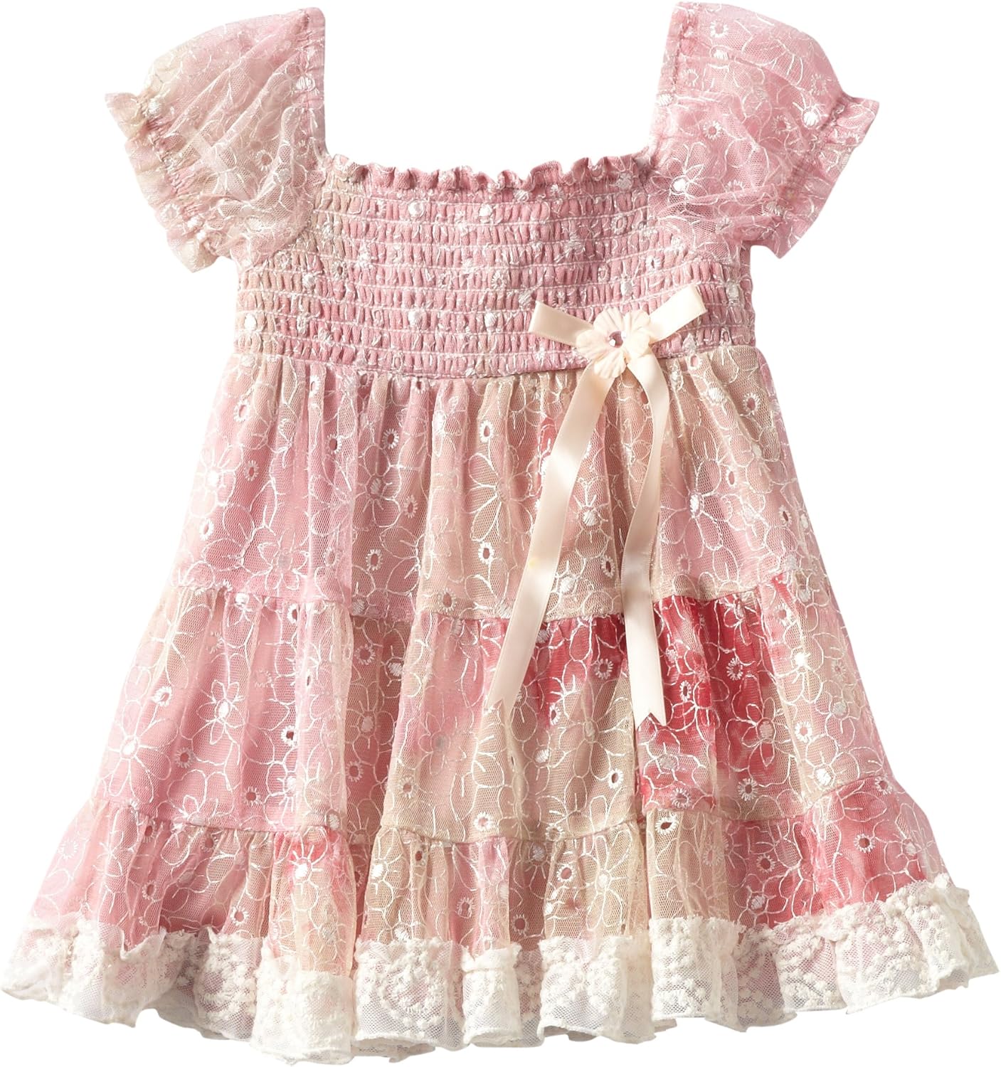 Rare Editions Little Girls' Lace Smocked Tiered Dress, Pink