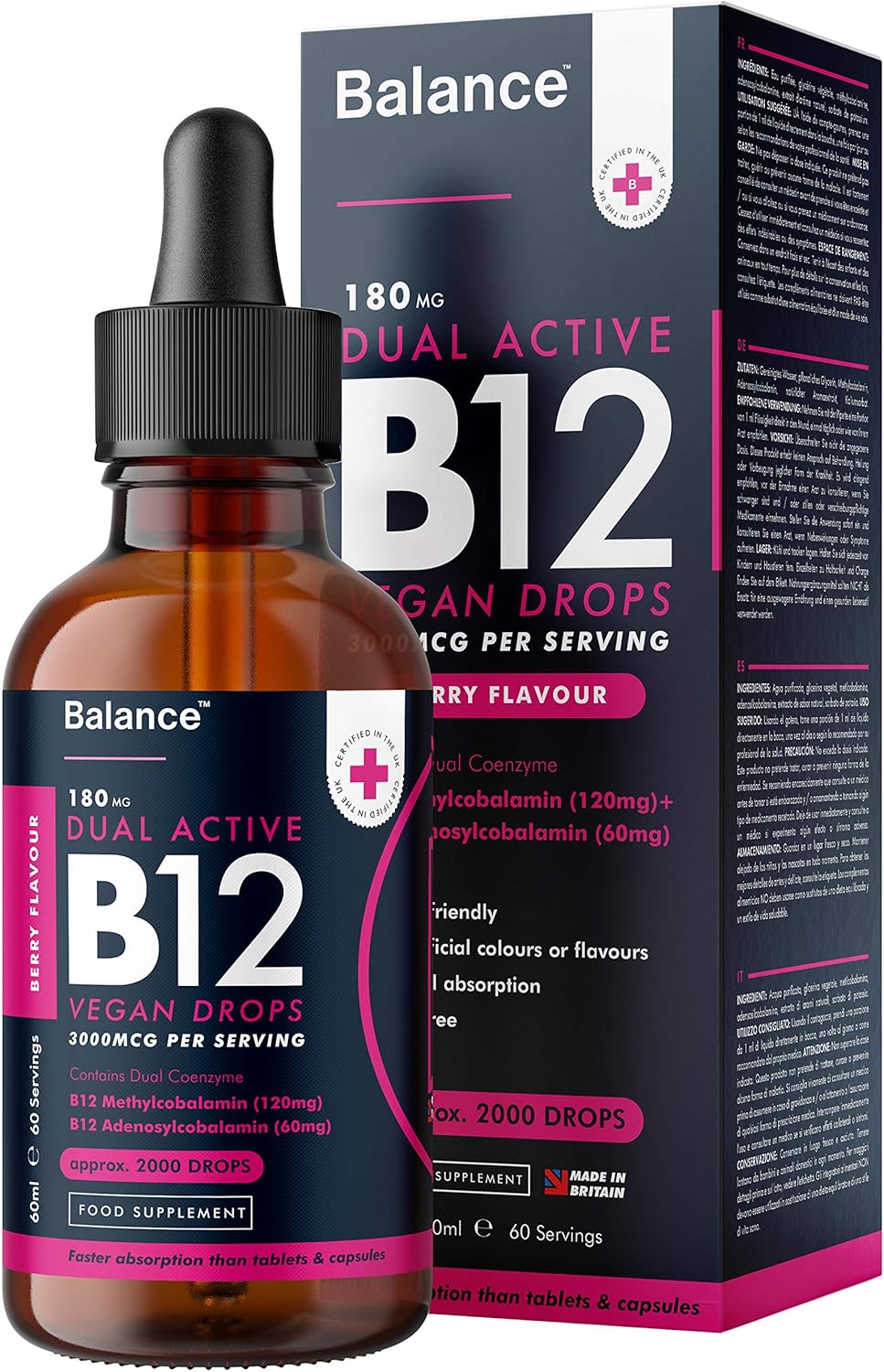 Vitamin B12 Liquid Drops, Vegan, High Strength 3000mcg, 2 Month Supply, 60 Servings, 18,000mcg per 60ml Dropper Bottle