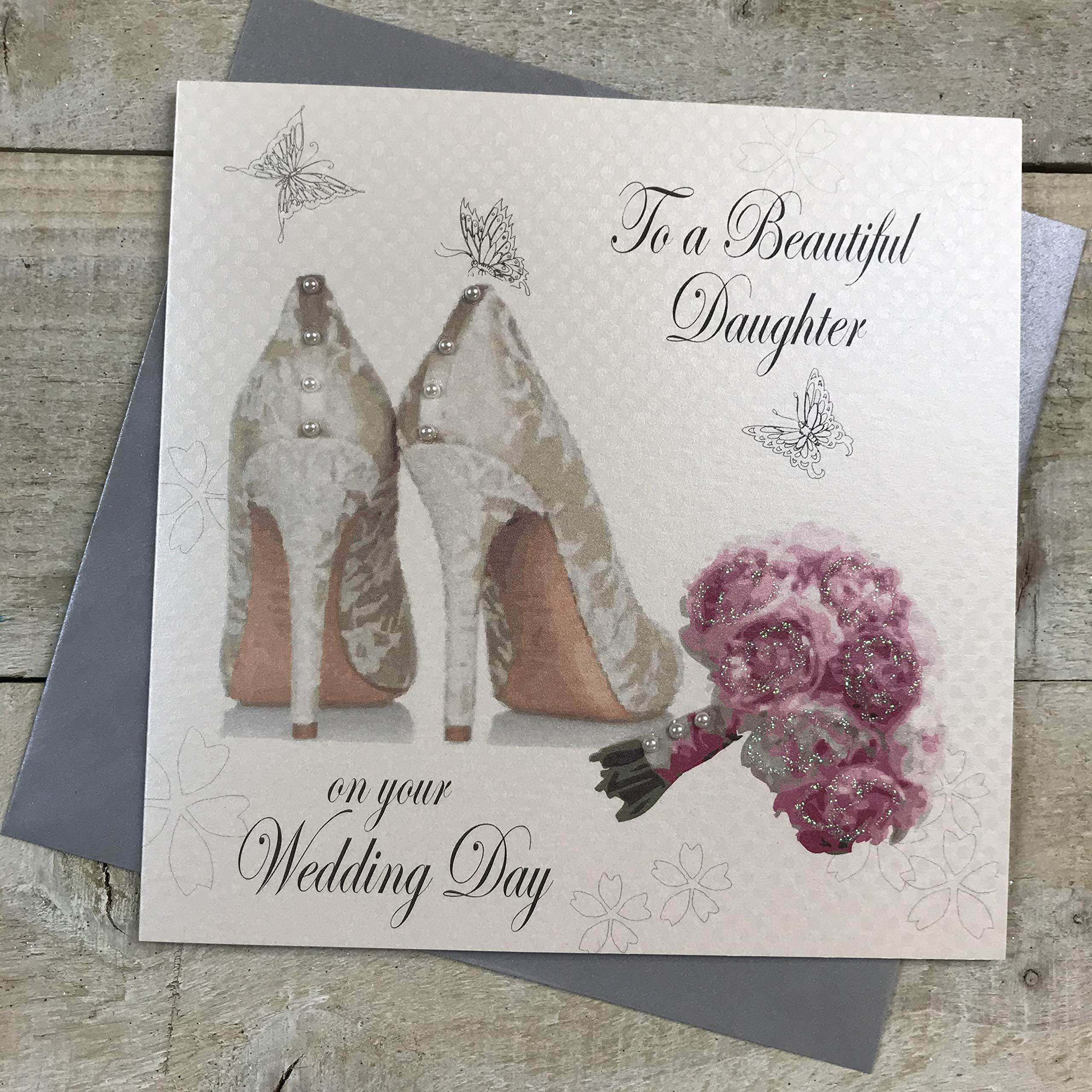 WHITE COTTON CARDS Wedding Day Handmade Card to a Beautiful Daughter with Shoes and Bouquet, White, PD144,16cm X 16 cm