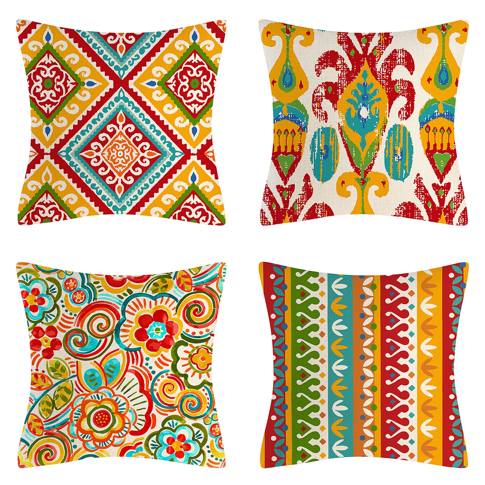 Boho Geometric Cushion Covers 45cm x 45cm Set of 4 Accent Colorful Floral Throw Pillow Covers Cotton Linen Decorative Square Pillowcase for Sofa Couch Car Bedroom Outdoor Pillow Case 18 x 18 Inch