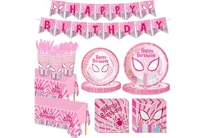 AURORAPARTY 171pcs Super Girl Hero Birthday Party Supplies Spider Pink Ghost Gwen Birthday Plates Napkins Cups Paper Disposable Banner Tablecloth Birthday Tableware Decorations Severs 24 Guests