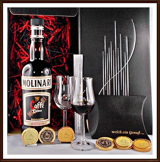 Geschenk Flasche Molinari Caffé Liquore mit 9 Coffee & Choc Taler und 2 Gläser im Geschenk Karton, kostenloser Versand