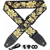 YIKOKO Guitar Strap 2", Cotton Embroidery Flower Guitar Straps with Full Grain Leather End, for Bass, Electric and Acoustic Guitars, Free Button, Locks and Picks