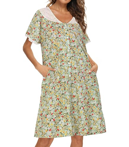 100 cotton house dress AVIIER Dresses for Women Short Sleeve Housecoat Summer Robes with Pockets Brown Red M at Amazon Women's Clothing store holiday-events focusing on comfort Skyraze Women's Elegant Asymmetric Color::#30-Yellow Green