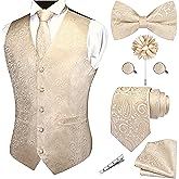 GUSLESON Formal Men Vest Paisley Floral Jacquard Tie Waistcoat Bow tie Hanky Lapel Pin Cufflinks Set Wedding 7PCS