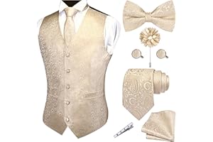 GUSLESON Formal Men Vest Paisley Floral Jacquard Tie Waistcoat Bow tie Hanky Lapel Pin Cufflinks Set Wedding 7PCS