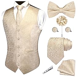 GUSLESON Mens Paisley Champagne Suit Vest Tie and