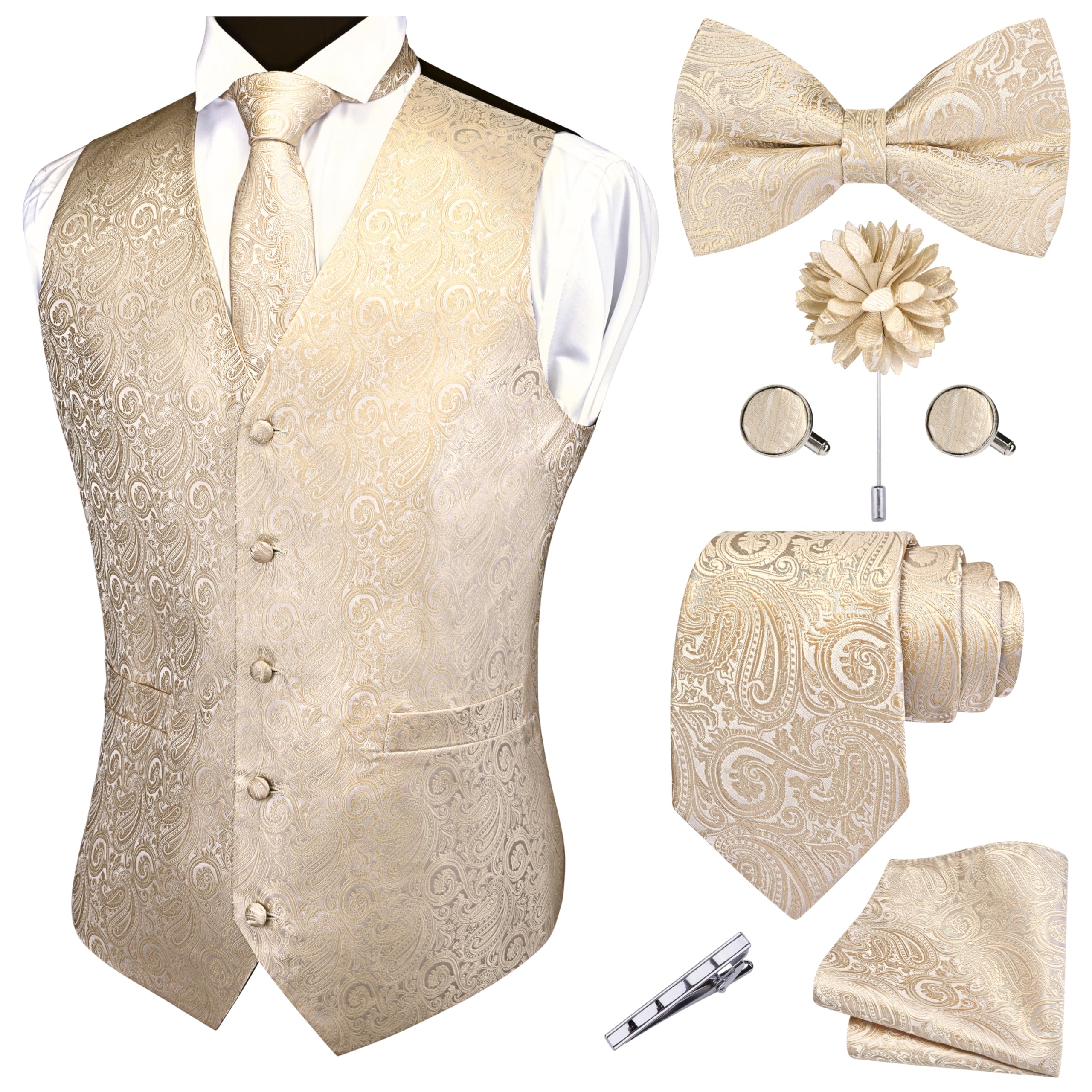 GUSLESON Mens Paisley Champagne Suit Vest Tie and