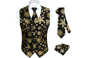 HISDERN Men's Suit Vest Christmas Holiday Season Party Jacquard Waistcoats Necktie Pocket Square Vest Suit Set