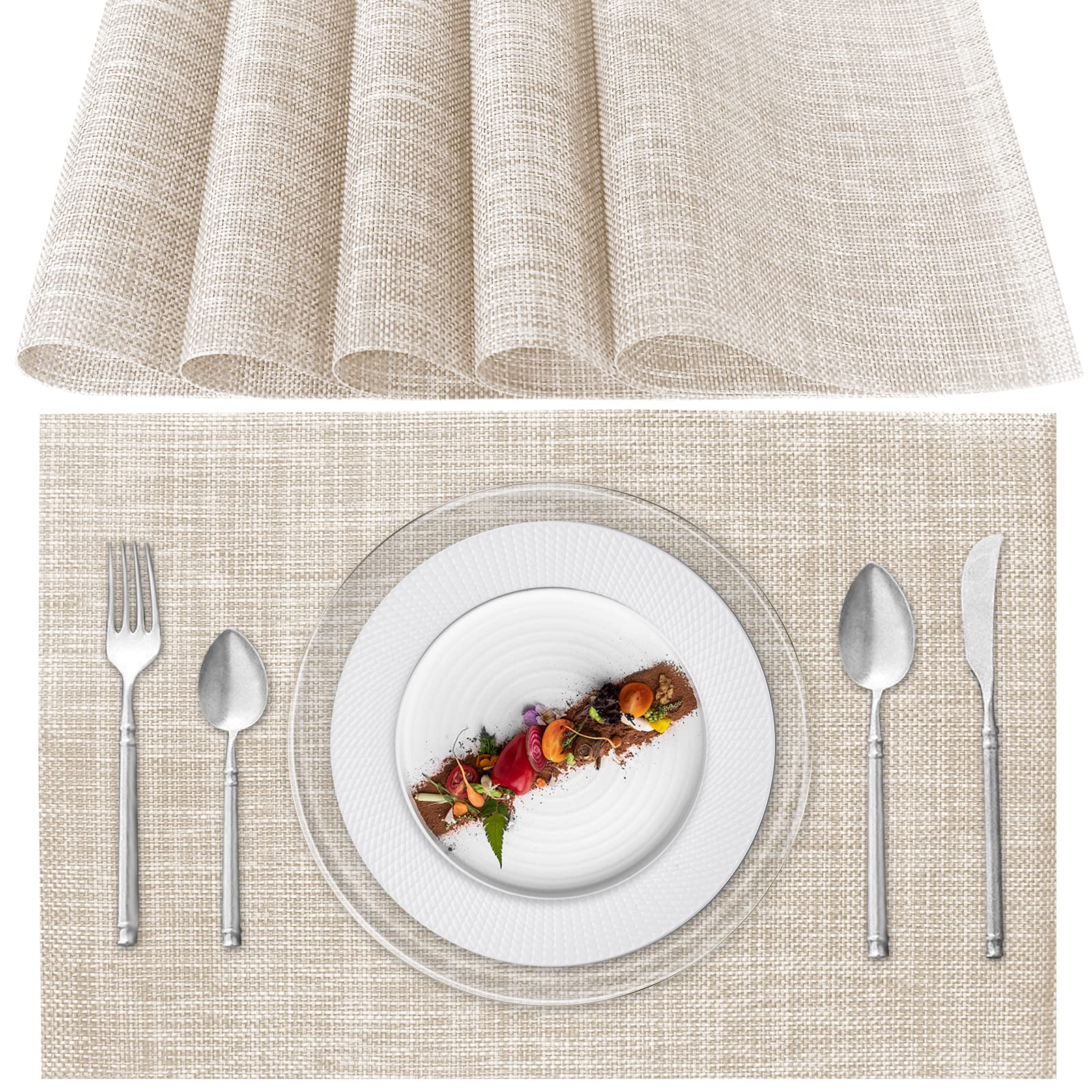 Poligono Washable Placemats, (70% PVC and 30% Polyester) Table Mats set of 6, Non-slip, Heat Resistant, Place Mats for the Kitchen Table, Beige