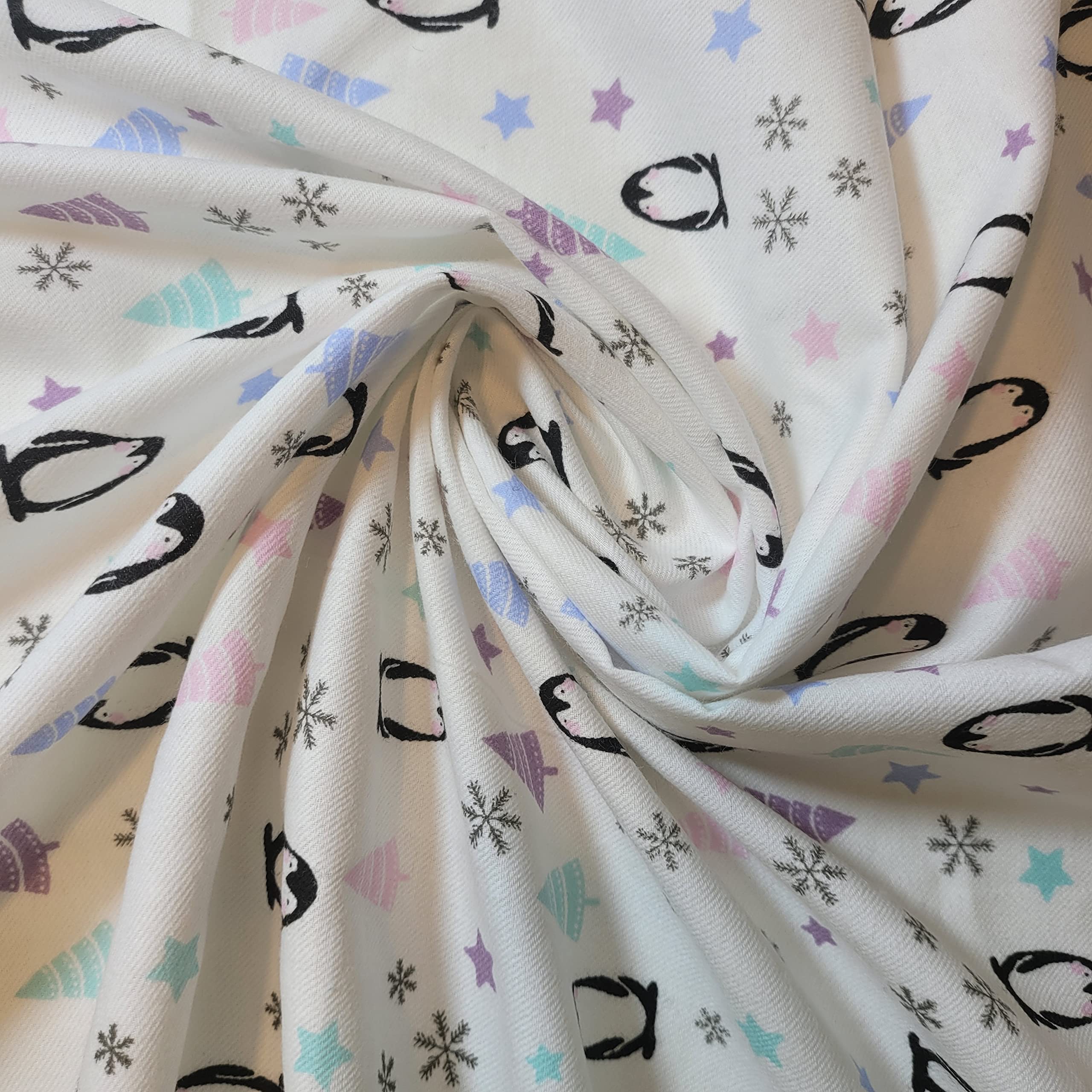 New 100% Brushed Cotton Flannel Fabric Tartan Winceyette Craft Dress Material 44" - 112 cm Wide Sold As 1 Meter Pre - Cut Lengths (Penguin Snowflake)